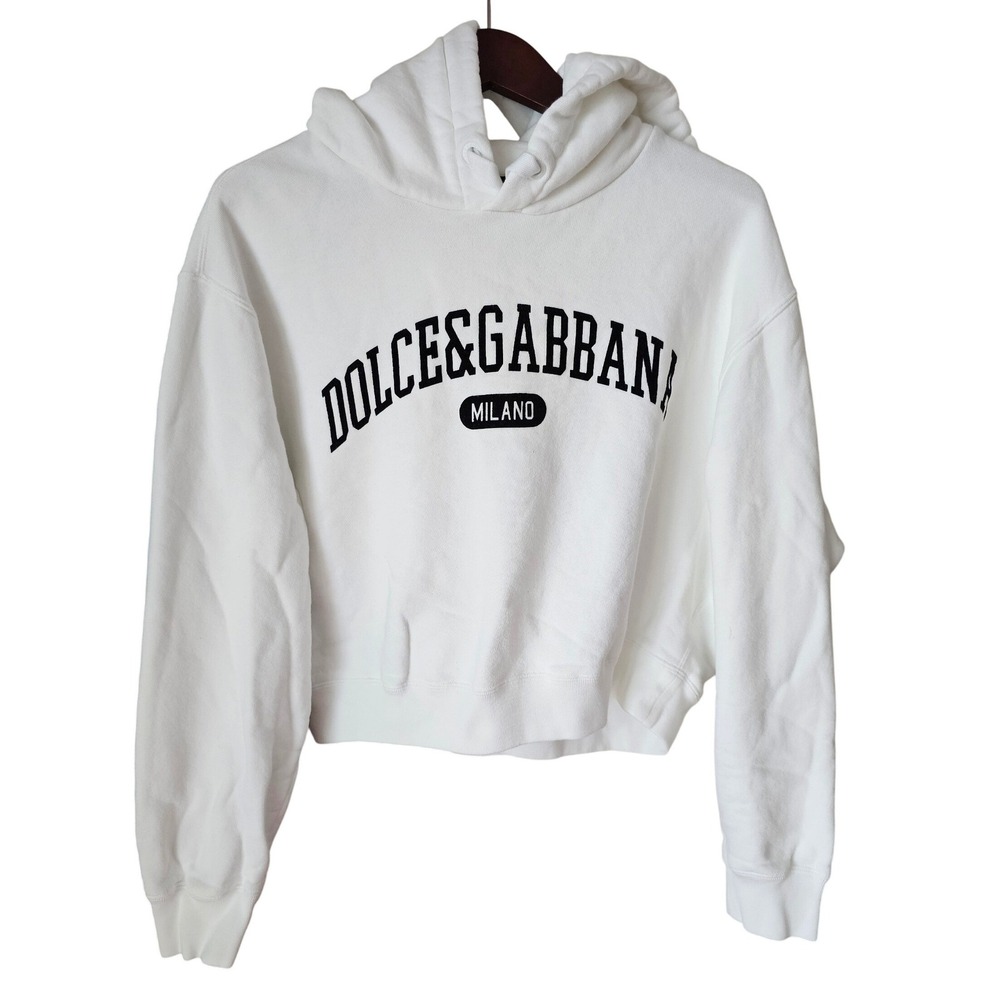 Dolce and Gabbana White Cropped Logo Hoodie Milano Sweatshirt Size 44 TP01